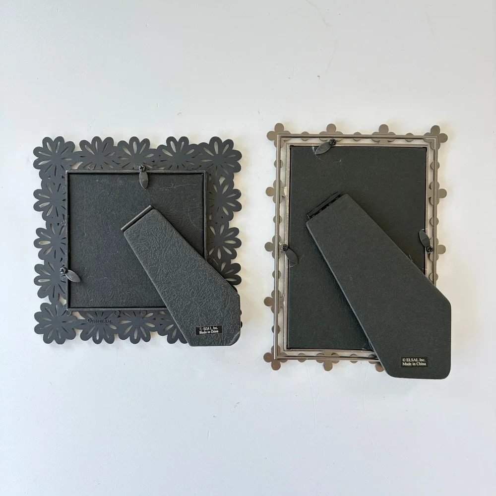 Elsa L Pewter Tone Metal Picture Frame Set Daisy and Rhinestone Clover 4x6 3x3